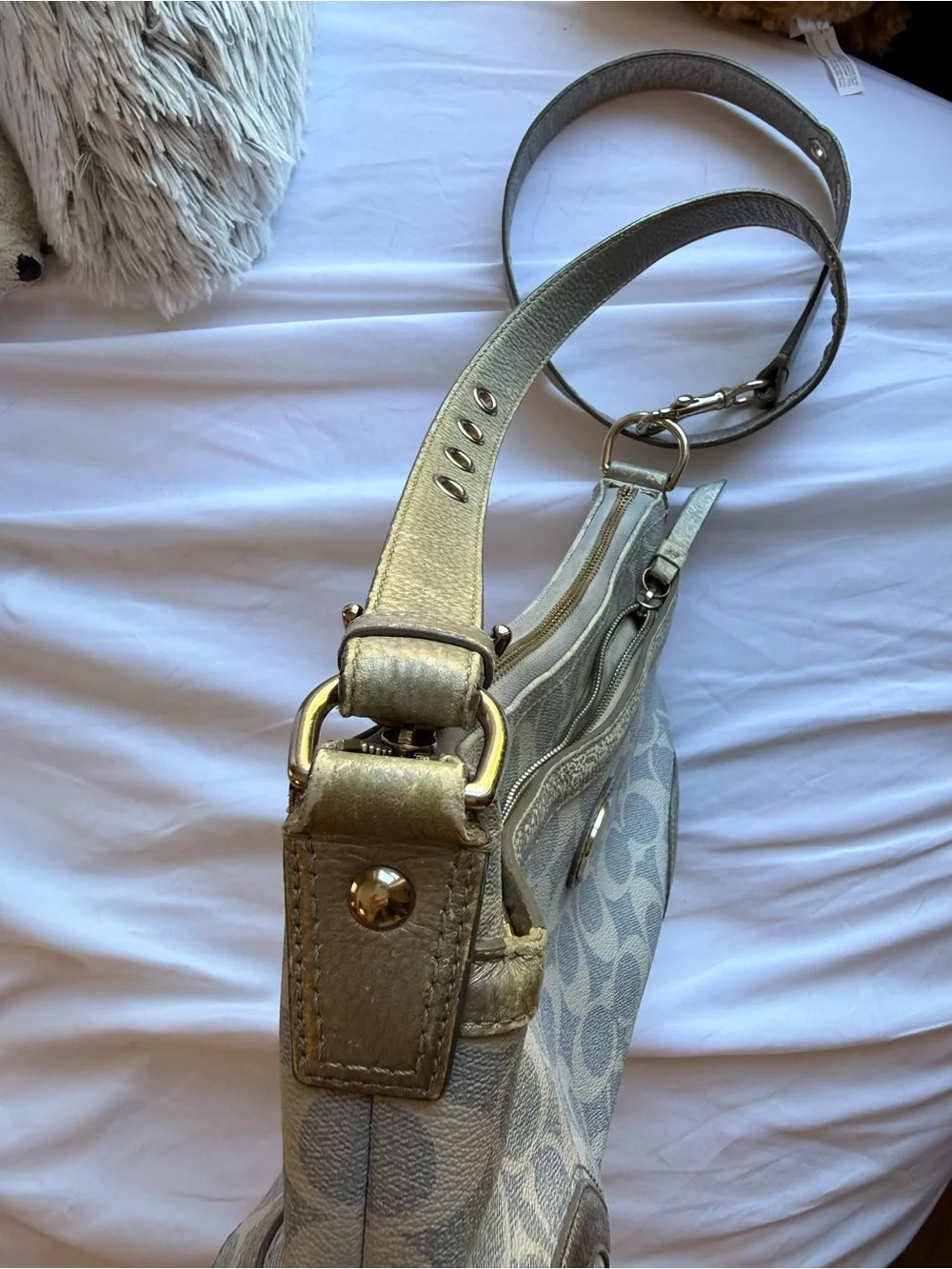 Coach Signature Shoulder Bag in Metallic Light Blue and Cream